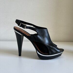 Leather Open Toe Heel with Metal Trim